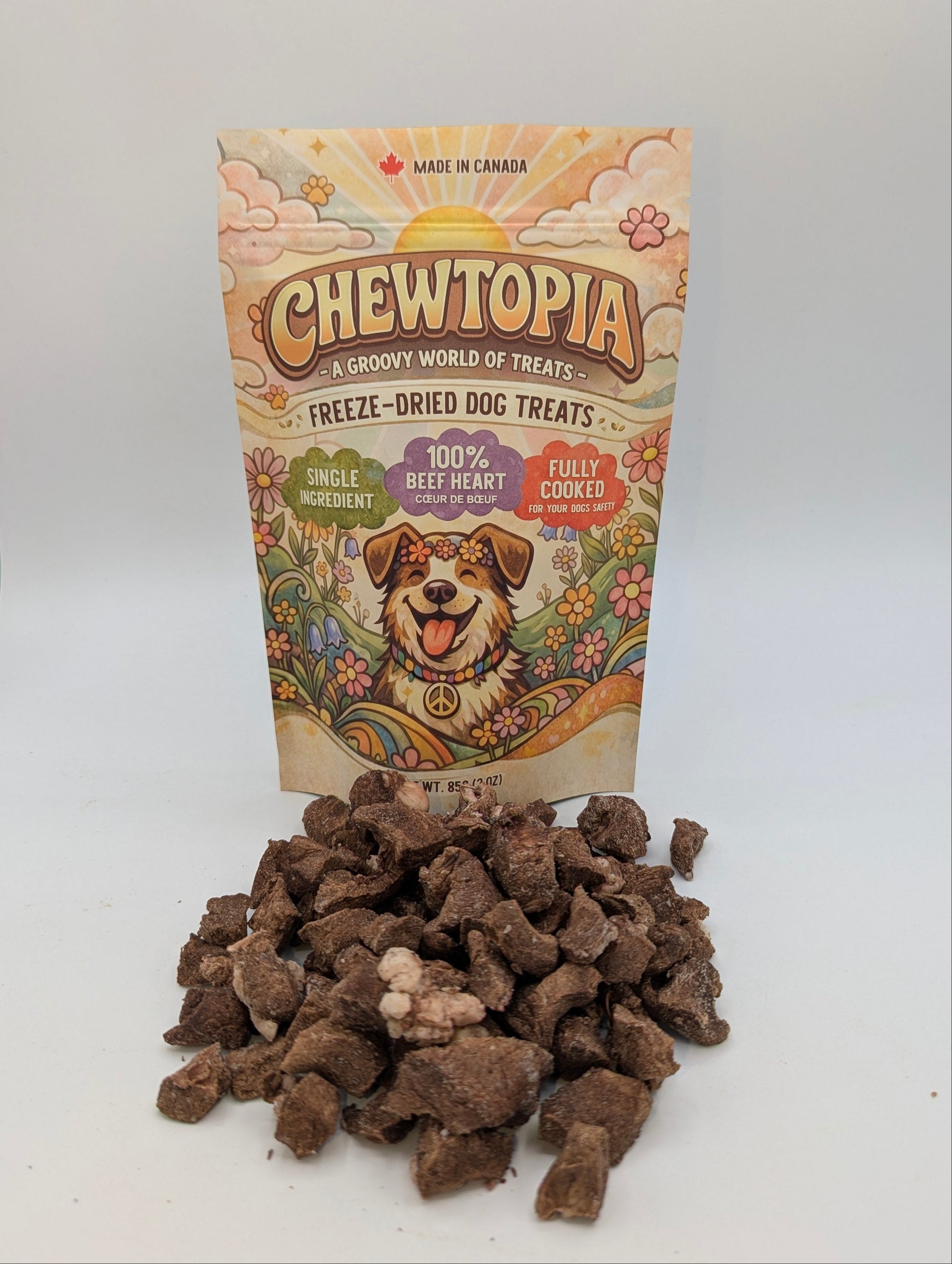 Chewtopia freeze-dried dog treats with packaging on a white background