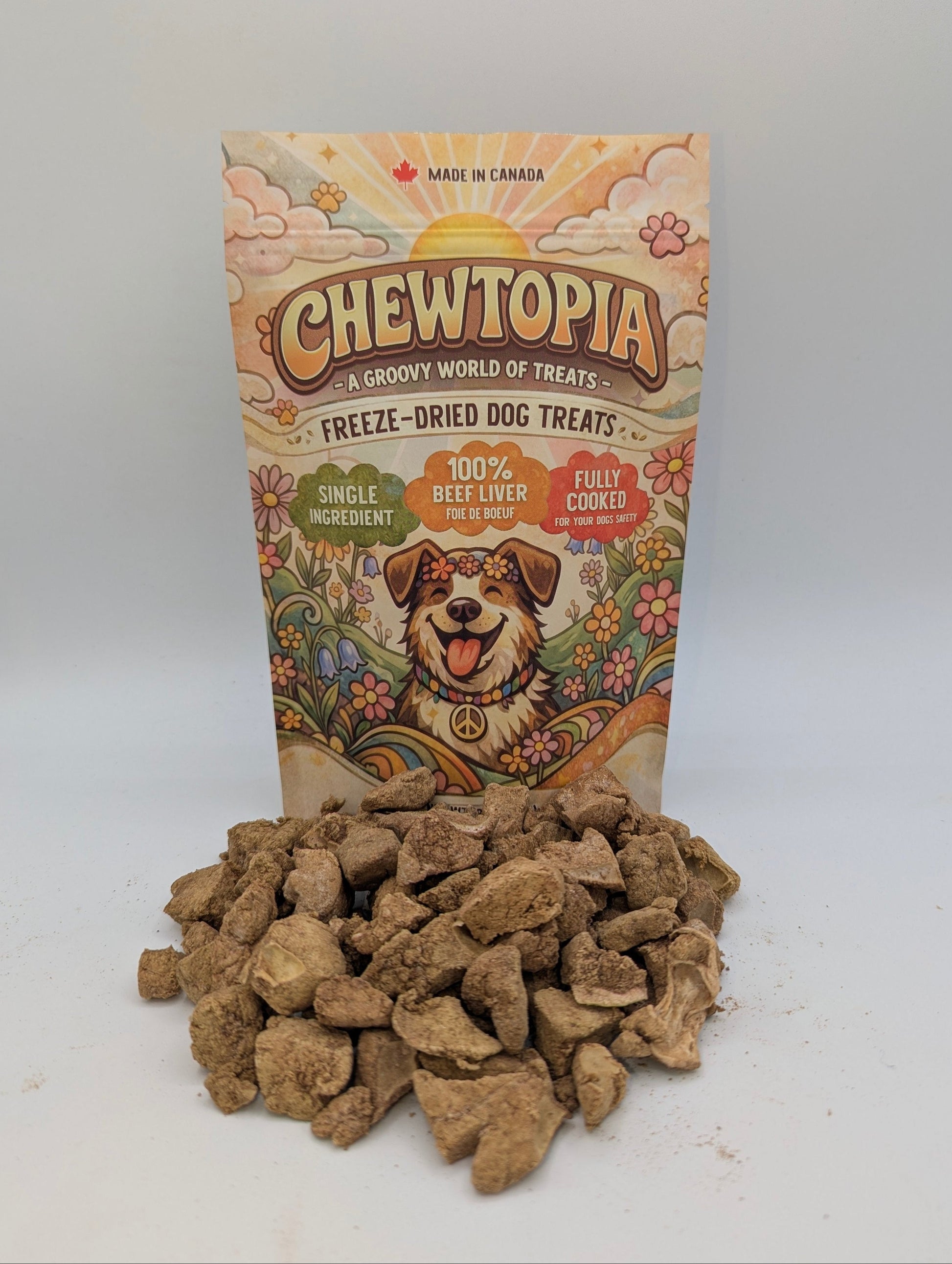 Chewtopia freeze-dried dog treats packaging with treats in front on a white background
