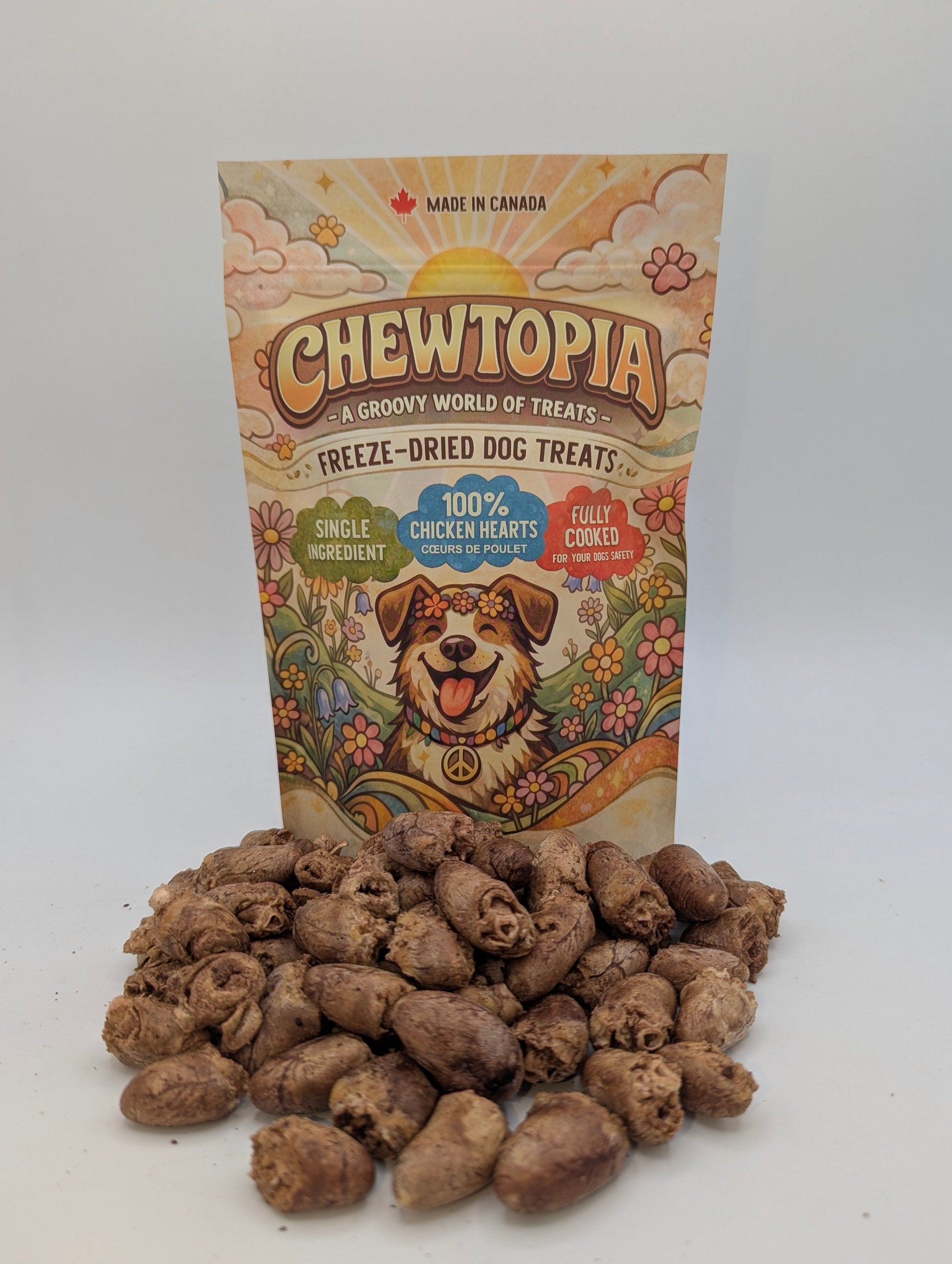 Chewtopia freeze-dried dog treats with packaging on a white background